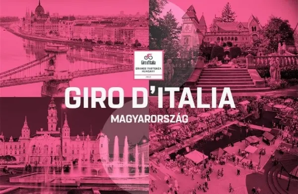 Giro d’Italia Magyarország felirat rózsaszín háttéren városképpel