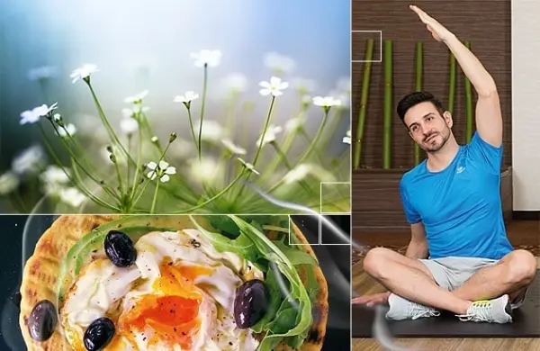Egészséges pizza zöldségekkel és sportos férfi jógaülésben