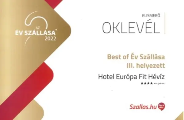 Best of Év Szállása 2022 III. helyezett oklevél – Hotel Európa Fit Hévíz