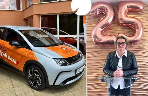A nyeremény BYD Dolphin elektromos autó és a nyertes a díjátadón